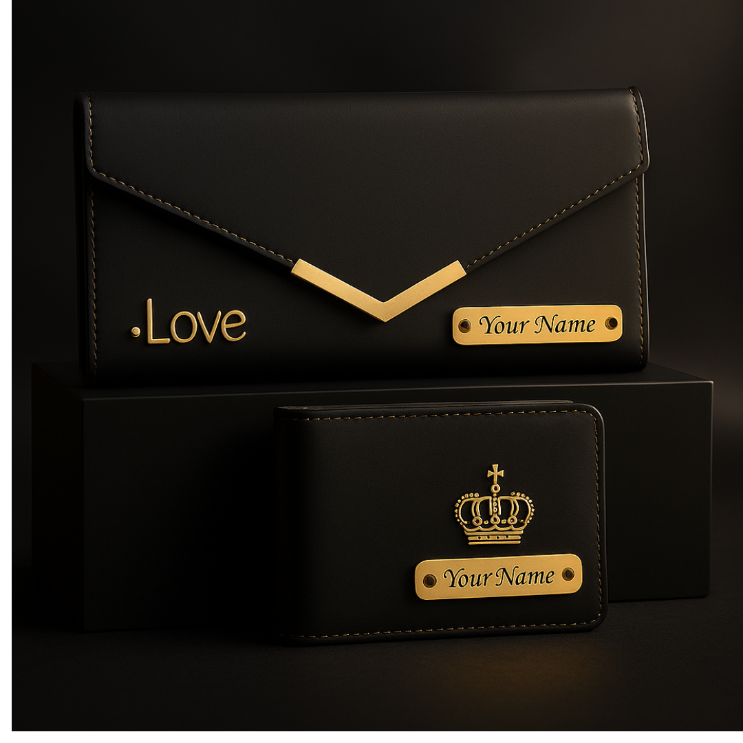 Personalized Leather Couple Wallet for Men & Women With Charm, Customized Name