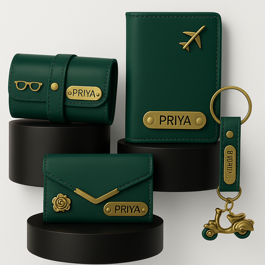 4in1 Women's Personalized Wallet,Passport Cover,Keychain,Sunglasess Cover Combo Name Engrved