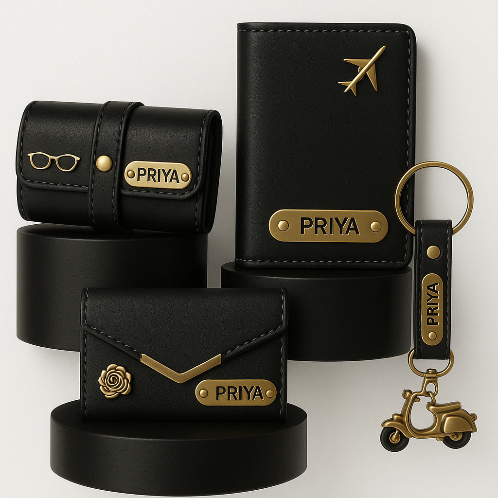 4in1 Women's Personalized Wallet,Passport Cover,Keychain,Sunglasess Cover Combo Name Engrved