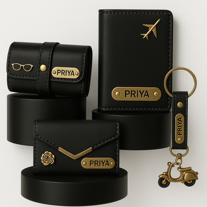 4in1 Women's Personalized Wallet,Passport Cover,Keychain,Sunglasess Cover Combo Name Engrved